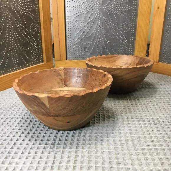 Set of 2 Handcrafted Wooden Bowls 6.5" Small Wood Bowls Artisan Natural Rustic - Picture 8 of 11